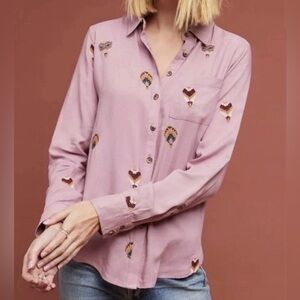 Anthropologie Blouse Sz 4 Mauve Hot Air Balloon Embroidered Whimsical Boho Artsy